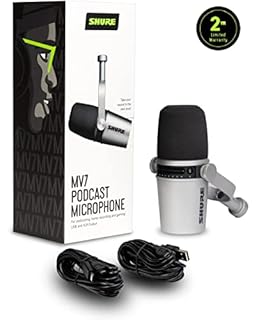 Shure Microfono Podcast USB MV7 per Podcasting, registrazione, Live Streaming & Gaming, uscita cuffie integrata, microfono dinamico USB/XLR interamente in metallo, certificato TeamSpeak - Argento