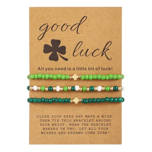 St. Patrick's Day Charm Bracelets Nature Stone Clover Beaded Stretch Bracelet Lucky Four-Leaf Shamrock String Bangles Handmade Multilayer Green Lucky Bangle for Women Irish Festive Jewelry Gift-StyleA