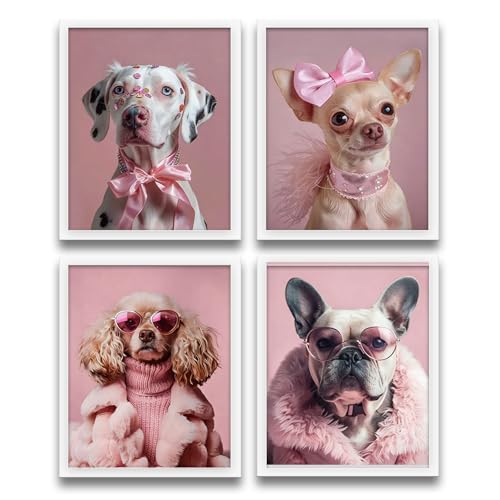 XUNLURY Coquette Pink Bow Funny Dog Wall Art Prints Unframed Set of 4, Dog Lover Gifts, Trendy Preppy Girly Cute Pet Artwork Wall Pictures for Girls Bedroom Dorm Home, 8x10