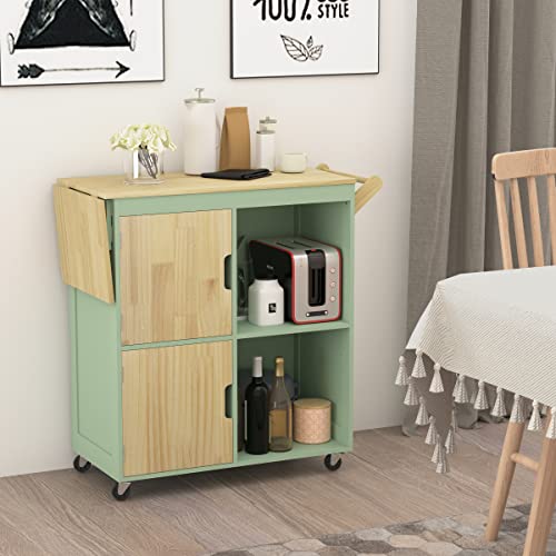 Usinso Rolling Kitchen Island, Kitchen Island Storage Cabinets On Wheels With Drop Leaf Countertop, Handle Racks, Caster Liquor Cart Suitable For Placing (Green) #TOP2