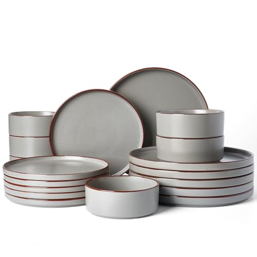 Image of Famiware Nebula Ridge Stoneware Dinnerware Sets for 6, Plates and Bowls Sets, 18 Pieces Dishes Set, Microwave and Dishwasher Safe Kitchen Plates, Dark Gray