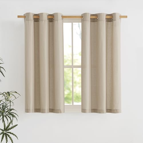 NICETOWN Angora Short Linen Curtains for Kitchen, Thick Flax Small Window Treatments Semi Sheer Privacy Assured with Light Through for Cafe/Bathroom, W42 x L48, 2 Panels