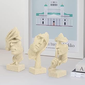 3 Pcs Thinker Statue, Silence is Gold Abstract Art Figurine, No Hear No See No Speak Modern Home Resin Sculptures Decorative Objects Decor for Home Office Bookshelf Desktop(Sandstone)
