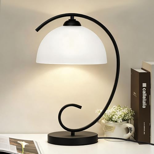 Alighting Black Table Lamp with Glass Shade, Vintage Metal Glass Bedside Lamp for Bedroom, Living Room, Nightstand, Restaurant, 44.5cm Tall, E27 Socket