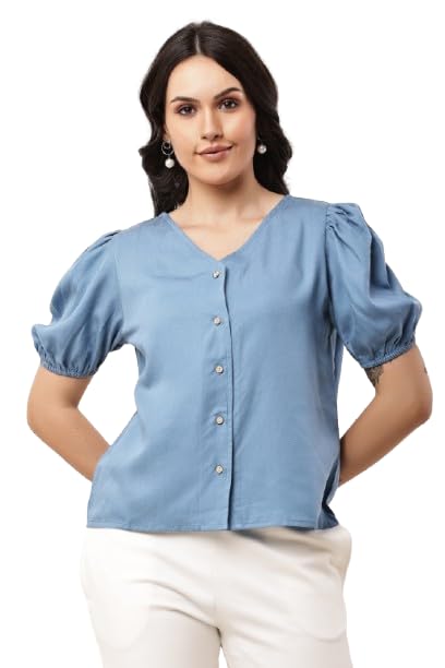 thoughtful Women's Blue Puff Sleeve V-Neck Button-Down Top, Casual Style Pure Cotton-picture-31