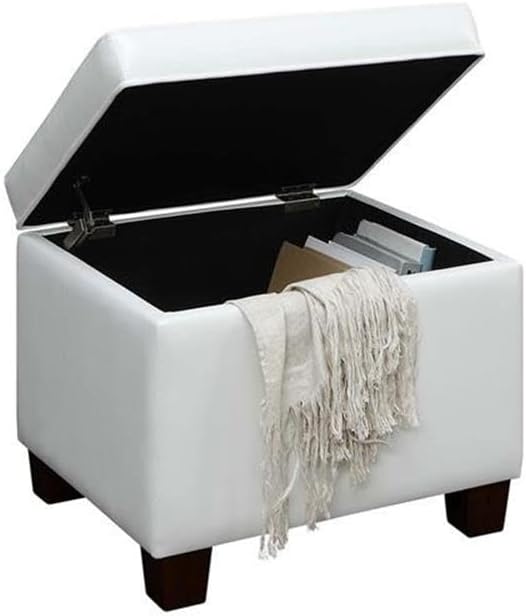 Pemberly Row Modern Storage Ottoman, Ivory Faux Leather Fabric, Solid Wood Frame, Hinged Lid with Concealed Storage, 17.75 x 21.75 x 18.5 in, Fire-Retardant Foam, Living Room Furniture