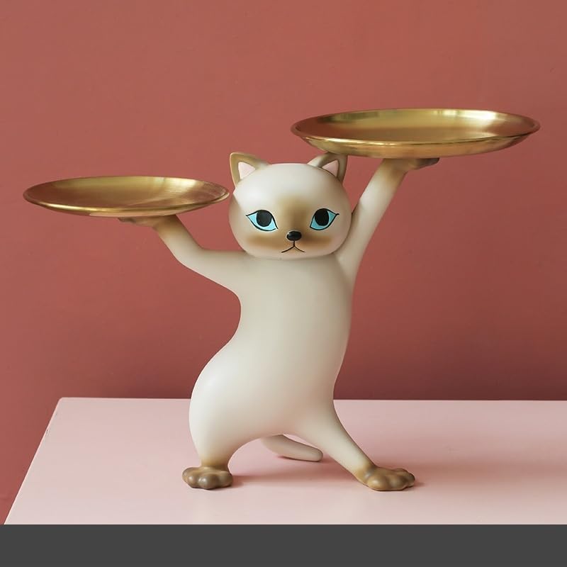 Amazon.co.jp: 猫の置物、樹脂製、ゴールドトレイ付き、卓上収納、玄関