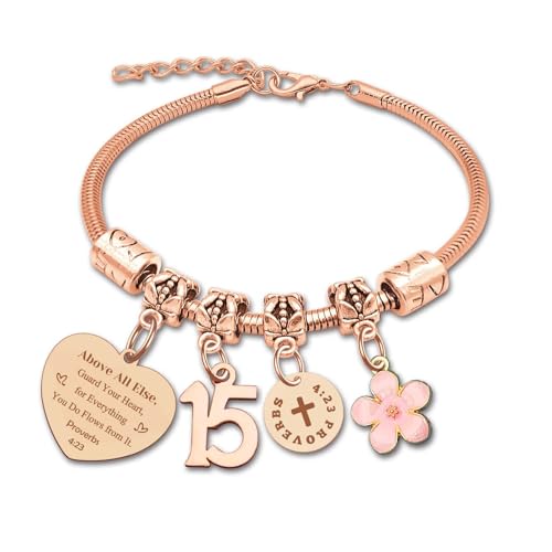 15th Birthday Gifts for Girl Stainless Steel Bracelet for Women Daughter Granddaughter Niece Sisters 15th Birthday Gift Bracelets Bible Verse 15 Years Old Bracelet Gift Christmas Inspirational Gifts
