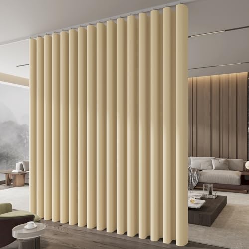 Image of Jilron Room Divider Curtain Ceiling Curtain Track Set for Blackout and Privacy (Beige Curtain + White Track) 106 inch W x 96 inch L -1 Piece