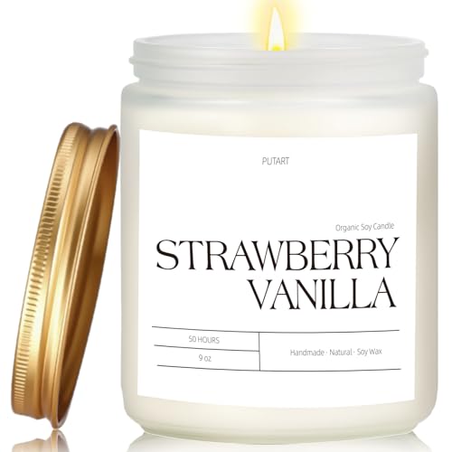 Putart Strawberry Vanilla Highly Scented Candle for Home 9oz Natural Soy Aromatherapy Non Toxic Candles with Essential Oil Home Fragrance Stress Relief & Meditation Jar Candles Gifts for Women & Men