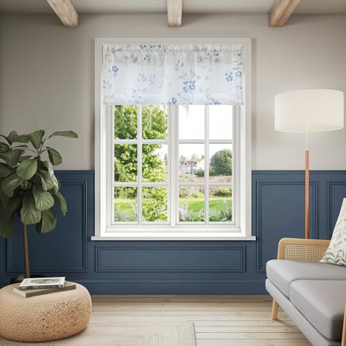 Image of Beauoop Linen Floral Semi Sheer Valance Curtains Kitchen Blue Grey 52x18x1