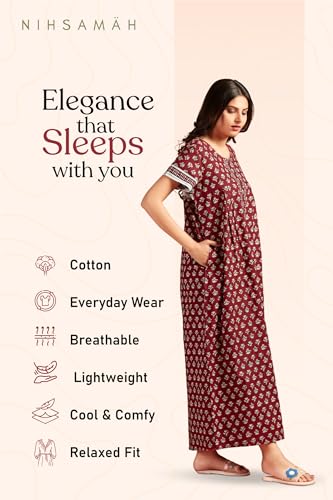 Image of NIHSAMAH Cotton Nighty for Women with Pocket, Premium Printed Long Nighty | Comfortable & Fancy Sleepwear /Nightwear