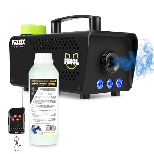 Fuzzix F503L Party Smoke Machine with RGB Disco Lights, Wireless Remote Control & 250ml Green Fog Fluid – Compact 500W Fogger for Halloween, Home Events & Small Parties
