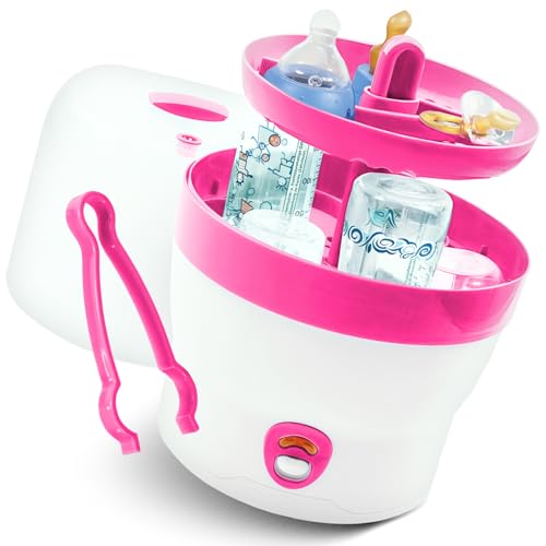 Babyruf BS 29b Sterilisator für Babyflaschen | Dampfsterilisator & Vaporisator | bis zu 6 Flaschen | Einfache Bedienung | Baby Erstausstattung Neugeborene | Flaschenreiniger | Baby Zubehör | weiß/pink