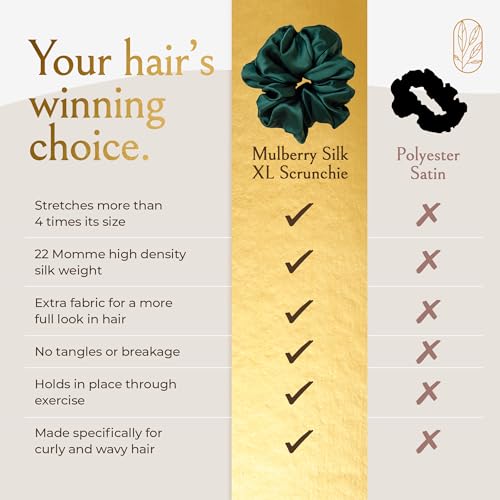 Image of Silk Scrunchies for Women Ponytail Holders - Oversized Mulberry Silk Scrunchie - Extra Large No Damage Hair Tie for Curly, Thick, and Thin - Hair Accessories for Women - Emerald, XL By Curlfriend