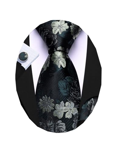 Image of Barry.Wang Flower Ties for Men Handkerchief Cufflinks Set Wedding Necktie Set Party