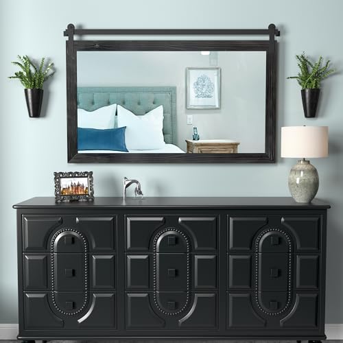 Image of COGOOD Farmhouse Bathroom Mirror - 49 x 30 Rustic Wood Framed Wall Barn Door Mirror for Entryway, Living Room, Entryway Wall Decor (Black)