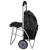WAKEDALE Shopping Folding Carts with Seat, Super Loading Grocery Foldable Trolley Cart with chair and Extra Large Black Bag