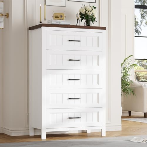 Jocoevol Elegant Farmhouse 5 Drawer Dresser for Bedroom - Tall Chest of Dresser with Spacious...