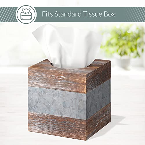 Barnyard Designs Rustic Metal And Distressed Wood Square Tissue Box Cover - Decorative Bathroom Facial Tissue Box Holder Farmhouse Country Decor 6” X 6” #TOP4