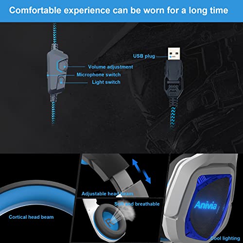 Emonoo Usb Gaming Headset For Pc/Mac/Ps4/Ps5, 7.1 Surround Sound Wired Headphone With Adjustable Active Noise Cancelling Mic, White & Blue Led Light #TOP2