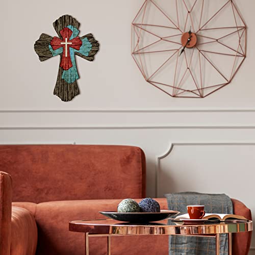 Blulu Rustic Wooden Cross Wall Art Decor, 4-Layer Religious Design with Serrametal Hanging Hooks, Multi-Color, 10.8 x 8 x 0.48 Inches, Indoor/Outdoor