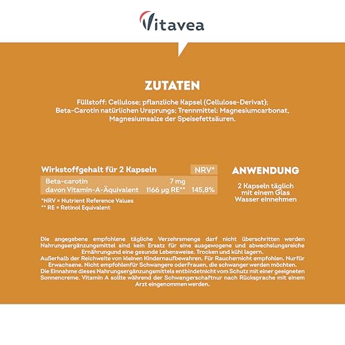 Beta Carotin Kapseln Hochdosiert & Vegan – Vorstufe von Vitamin A - Strahlende & Langanhaltende Bräune - Carotin Kapseln Hochdosiert Bräune – 100% Natürlich - Ohne Zusatzstoffe - 180 Kapseln – Vitavea