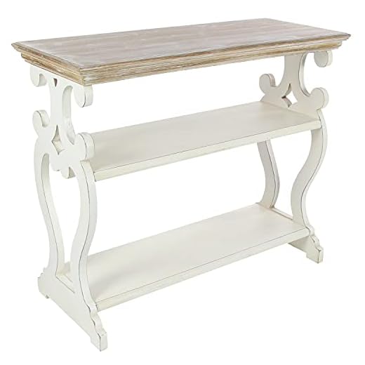 Deco 79 Wood Scroll Side Frames 2 Shelf Console Table with Brown Wood Top, 38" x 15" x 32", White