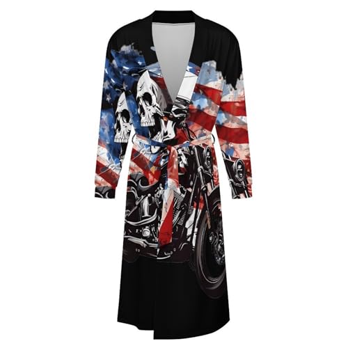 Skull Motorcycle U.S. Flag Soft Robe Long Sleeve Bathrobes V Neck Sleepwear Spa Robes with Belt Men Woman4