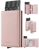 VULKIT Damen Kreditkartenetui aus Leder mit RFID-Schutz, zweifach faltbar, automatisches Pop-up-Kartenfach und Geldscheinfach (Litschi-Rosa)