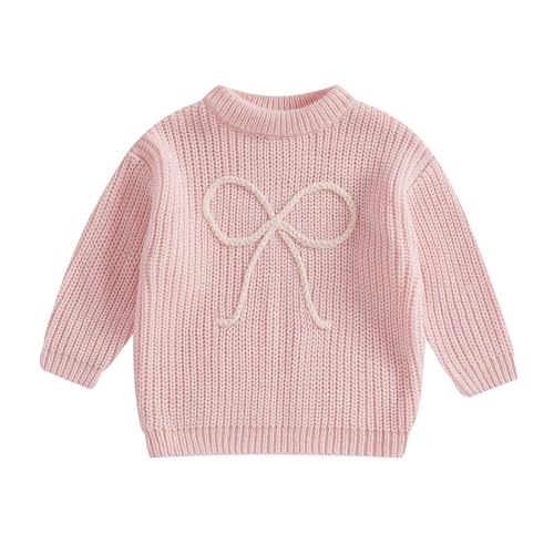 Image of Beautooly Infant Newborn Baby Girl Cute Long Sleeve Bow Embroidery Chunky Knitted Sweater Toddler Fall Winter Outfits