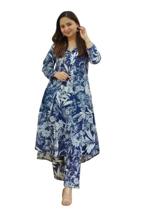 Image of Women's Cotton Kurta with Trousers Set, Floral Print, Regular Fit