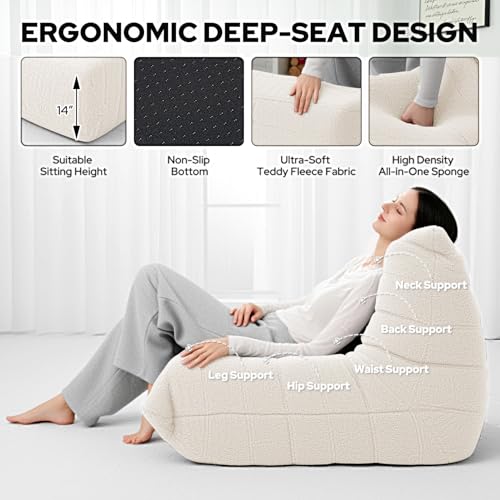 Image of HABUTWAY Bean Bag Chairs Fireside Lazy Floor Sofa,Single,Beige | Soft Teddy Fleece Bean Bag Sofa with High-Resilience Foam Filling,Beanbag for Living Room, Bedroom, Office