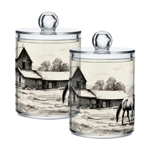Coikll Horse and Barn Qtip Holder with Lid 2PCS Apothecary Jars Storage Containers, Clear Plastic Canister for Cotton Swab,Floss Picks, Cosmetics
