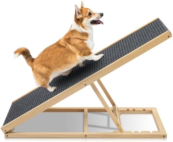 Adjustable Folding Dog Ramp for Bed Couch Car SUV, Large Pet Stairs with Non-Slip Surface and Solid Wood Frame, Portable Height Adjustable Pet Ramp for Small Medium Big Dogs to Reach Sofas or Vehicles