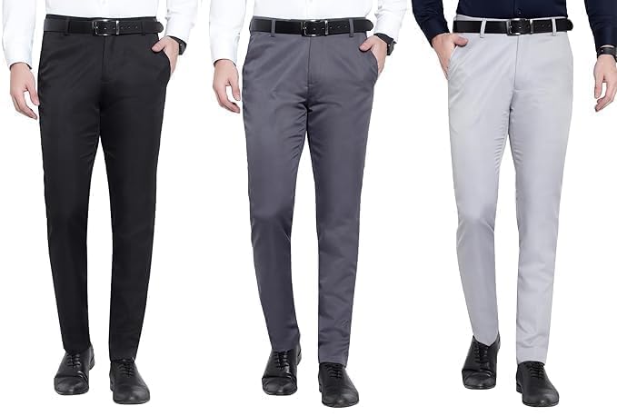 Image of Men's Premium Formal Trousers, Slim Fit Premium Fabric Blend, Pack of 3, Black, Dark Grey, Light Grey