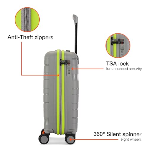 Image of Nasher Miles Cannes Hard-Sided Polypropylene Cabin Luggage 20 inch | 55cm | 8 Wheels Small Trolley Bag for Travel | Suitcase (Grey Neon Green)