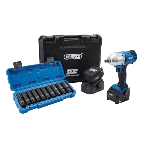 Draper D20 20V Brushless Mid-Torque Impact Wrench Kit, 1/2" Sq. Dr, 400Nm, & Metric Deep Impact Socket Set (10 Piece)