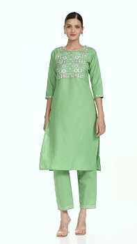 Anubhutee Abito Kurta Donna Verde Oliva Con Pantaloni - Misto Cotone Ricamato