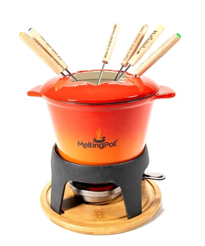 The Melting Pot Cast Iron Ombre Fondue Set 1.6L Fondue Pot with Burner Forks & Wood Base for Meat Cheese & Chocolate Dipping