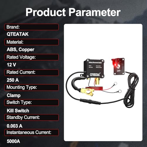 Image of 12V 250A Battery Disconnect Switch Kill Switch | 15A 250VAC ON /Off Illuminated Toggle Panel Switch for Truck RV, 9.84FT Cable,Prevent Battery Drain,in-Car Manual Cut-Off
