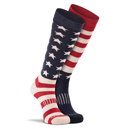 Fox River Old Glory Over The Calf Extra Cushioned Socks Medium Weight Soft Merino Wool Ski Socks For Dry Warm & Blister Free Feet - Flag Asst. - Large