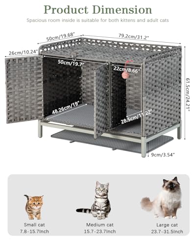 Image of SETVSON Cat Litter Box Enclosure Furniture with Divider, Handwoven Rattan Litter Box with Mat, 31.2 x 19.6 x 24.2 Inches, Metal Heightened Feet, Hidden Cat House for Living Room, Bedroom (Gray)