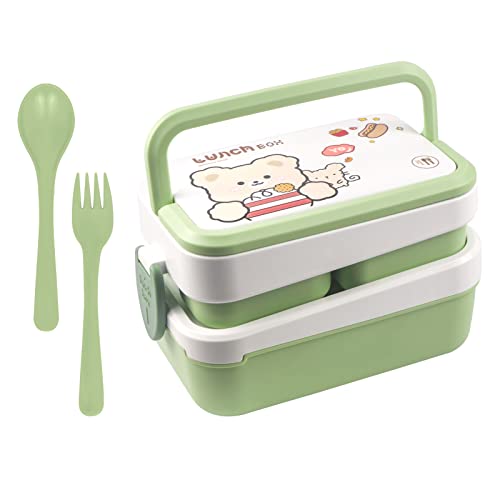 Kisstta Bento Box für Erwachsene Kinder, Stapelbare Bento-Box-Lunch Box mit Utensilien, Bento-Box Groß, 2 Schichten Bento-LunchBox für Männer/Frauen, Hellgrün Bento Box Mikrowellengeeignet Cover