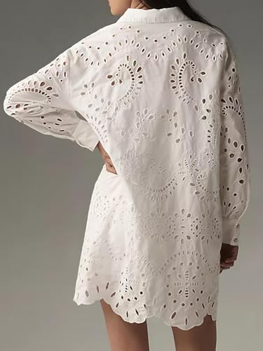 CHARTOU Women Eyelet Lace Dress Button Down Shirt Loose Fit Summer Casual Mini Dress4