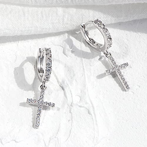 Me&Hz Sterling Silver Plated Cross Earrings Silver Huggie Hoop Earrings Cubic Zirconia Cross Charm Dangle Drop Earrings for Women Men Teen Girls, Sterling Silver Brass Cubic Zirconia, Cubic Zirconia