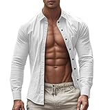Camicia Uomo Elasticizzata, Camicia Uomo No Stiro Slim Fit Elasticizzata Camicie Botton Down Lino Leggera Henley Shirts Estiva Elegante Tinta Unita da Cerimonia Ufficio Formal Bianco, XL