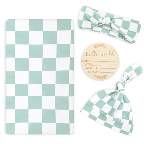 Image of TANOFAR 4-Pack Newborn Swaddle Blanket for Baby Girls & Boys, Ultra Soft Receiving Blankets with Matching Headband and Beanie Set Baby Nursery Swaddle Wrap, Green Checkerboard