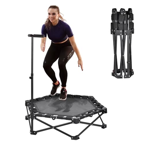 Trampolín de Fitness, Mini trampolín Plegable de 106 cm para Interiores con asa Ajustable en Altura en 3 Posiciones, Estructura en X para Mayor Estabilidad, Capacidad de Carga de 150 kg