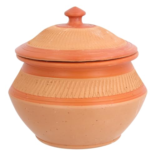 Clay Handi Earthen Pot with Lid Terracotta Biriyani Curry Balti Serving Pot Curd Handi Pot Deep Round Clay Indian Hand Made Traditional Mitti Pot Decorative (Brown, 2.5 Litre)